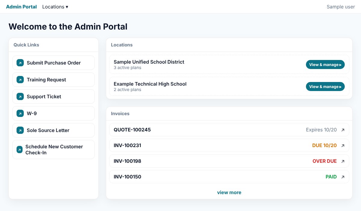 Admin portal home screen with quick links, customer locations, and invoice statuses